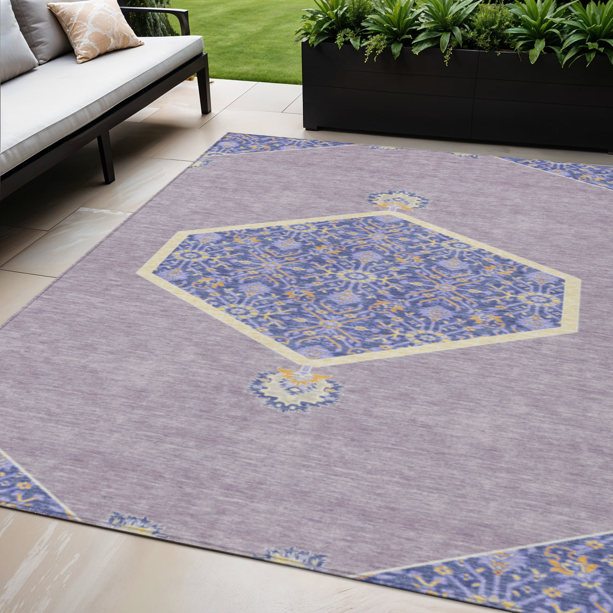 5' X 8' Lavender Gold And Purple Oriental Washable Indoor Outdoor Area Rug