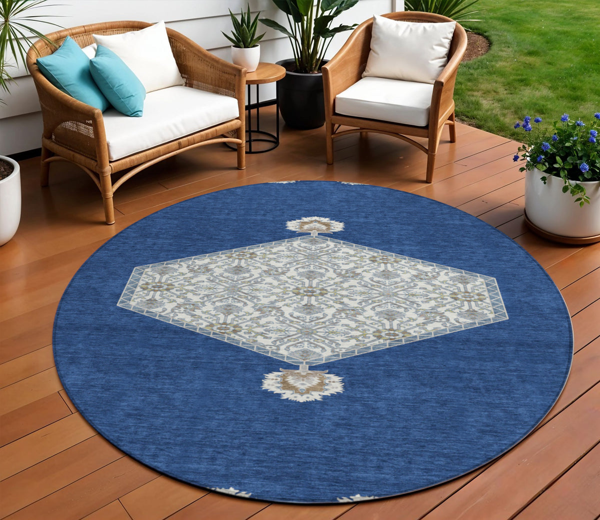 8' Navy Blue Gray And Beige Round Oriental Washable Indoor Outdoor Area Rug