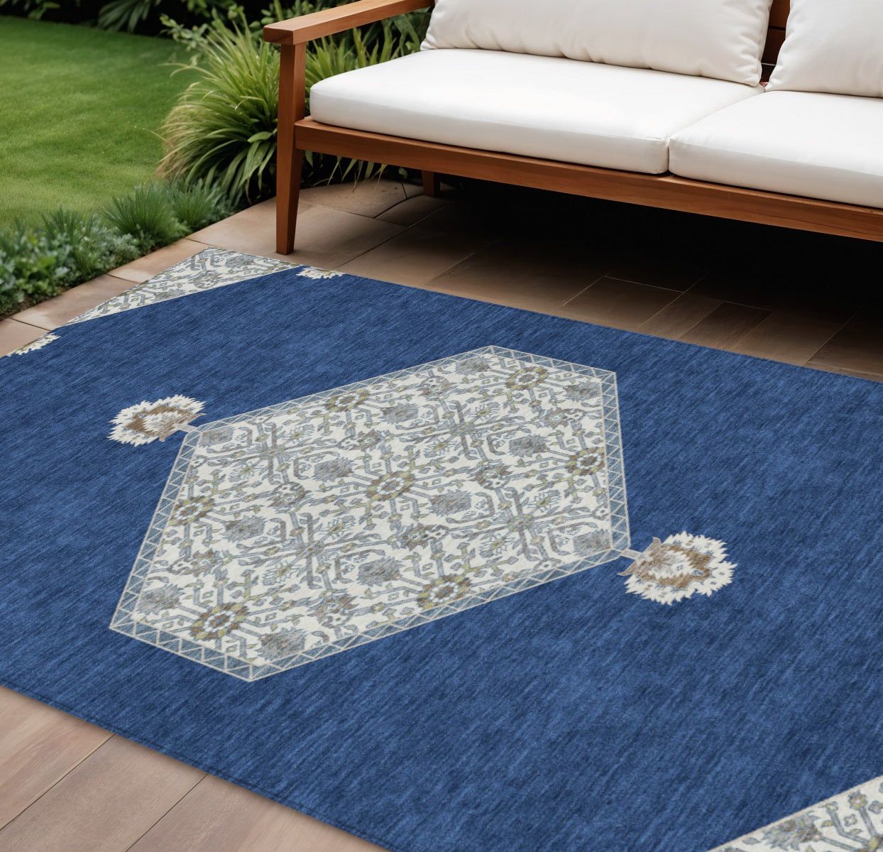 9' X 12' Navy Blue Gray And Beige Oriental Washable Indoor Outdoor Area Rug