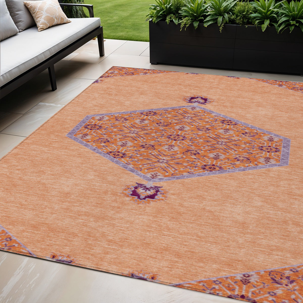 5' X 8' Peach Purple And Burgundy Oriental Washable Indoor Outdoor Area Rug
