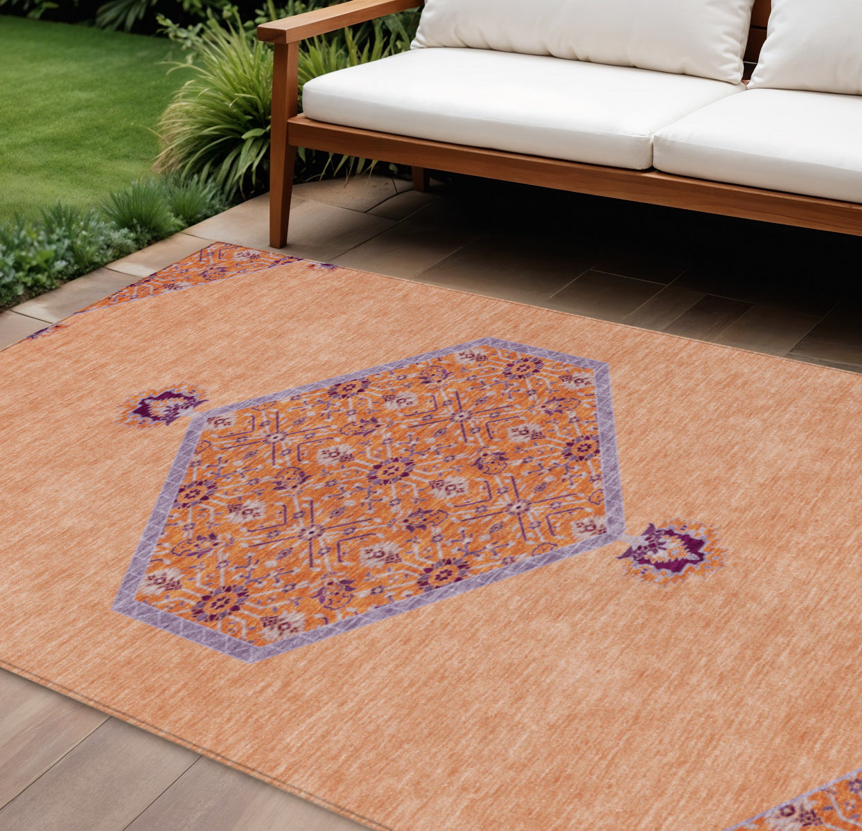 9' X 12' Peach Purple And Burgundy Oriental Washable Indoor Outdoor Area Rug