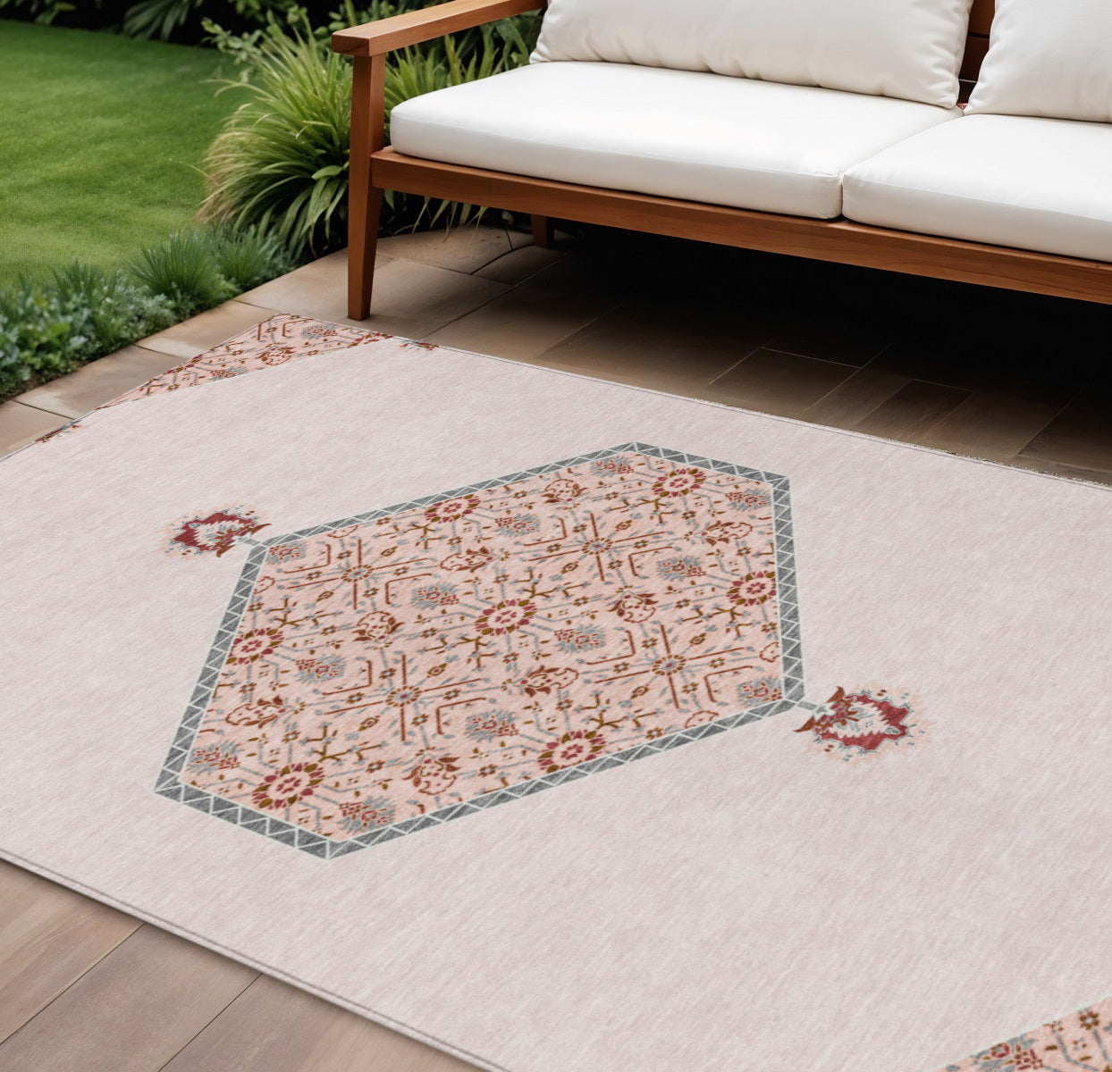 9' X 12' Pink Beige And Burgundy Oriental Washable Indoor Outdoor Area Rug