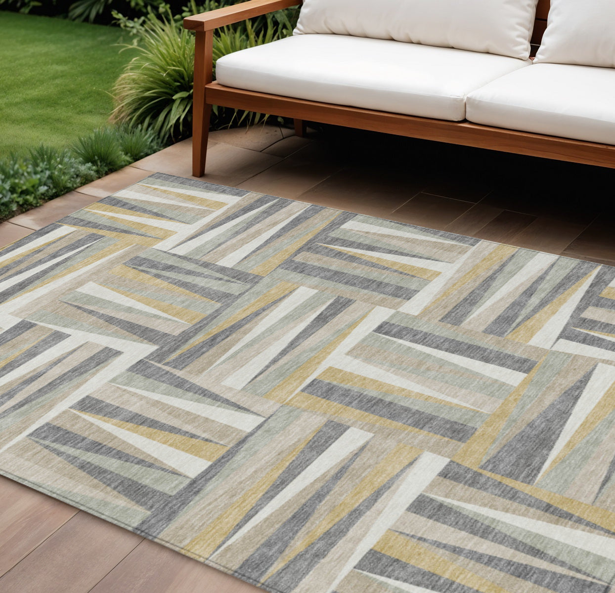 10' X 14' Beige Gray And Ivory Geometric Washable Indoor Outdoor Area Rug