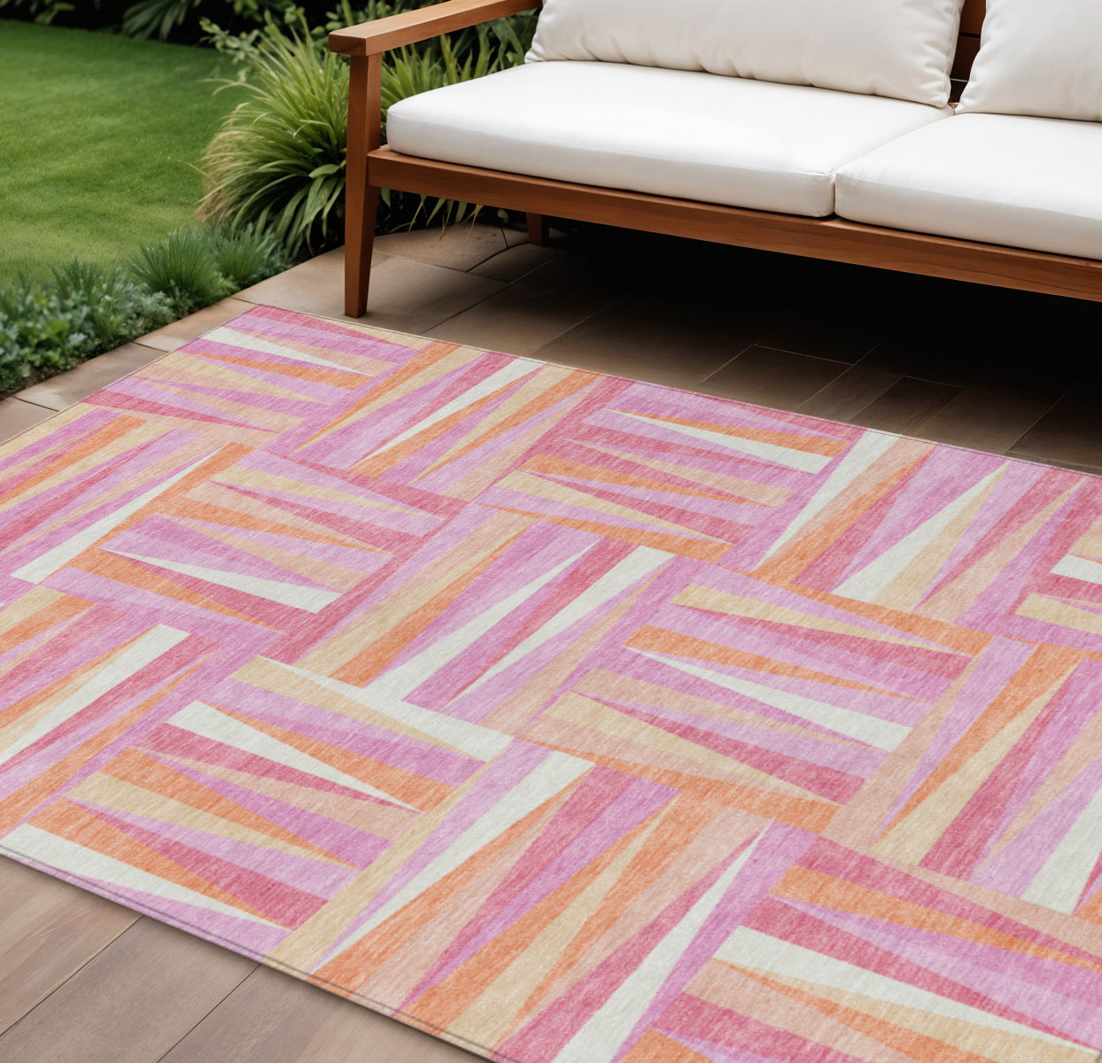 10' X 14' Blush Ivory And Orange Geometric Washable Indoor Outdoor Area Rug
