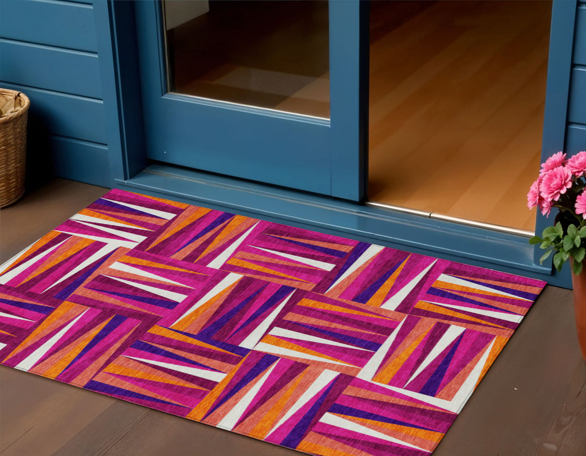 3' X 5' Red Purple And Copper Geometric Washable Indoor Outdoor Area Rug