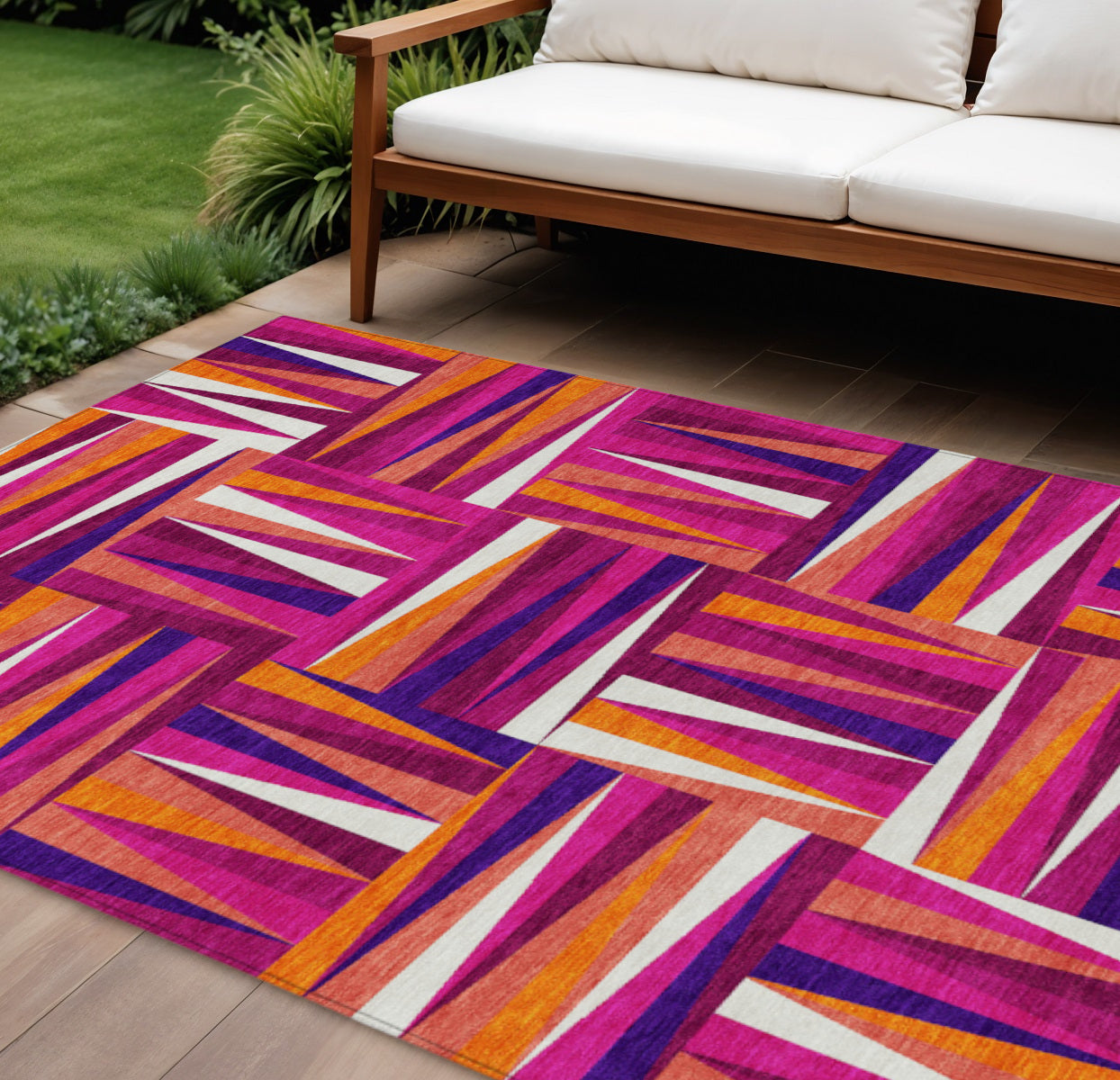 9' X 12' Red Purple And Copper Geometric Washable Indoor Outdoor Area Rug