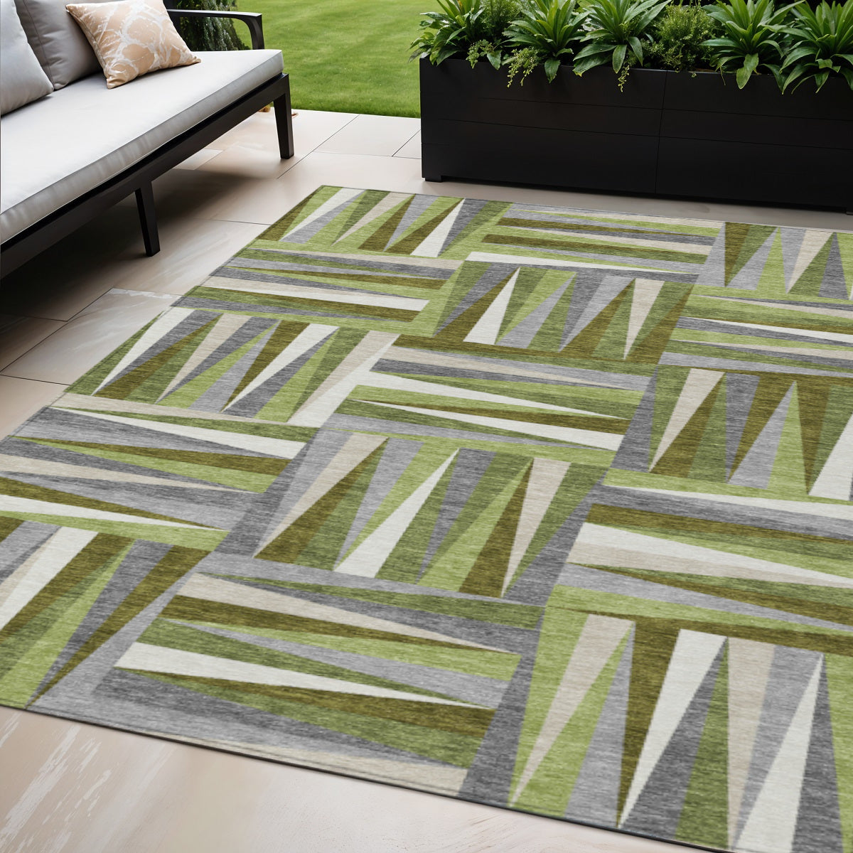 5' X 8' Green Gray And Ivory Geometric Washable Indoor Outdoor Area Rug