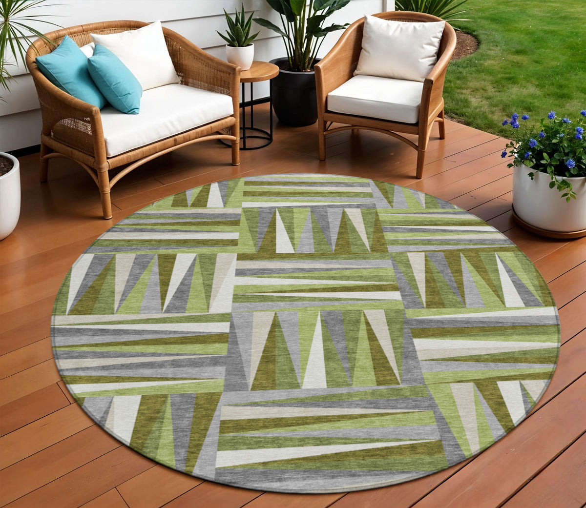 8' Green Gray And Ivory Round Geometric Washable Indoor Outdoor Area Rug