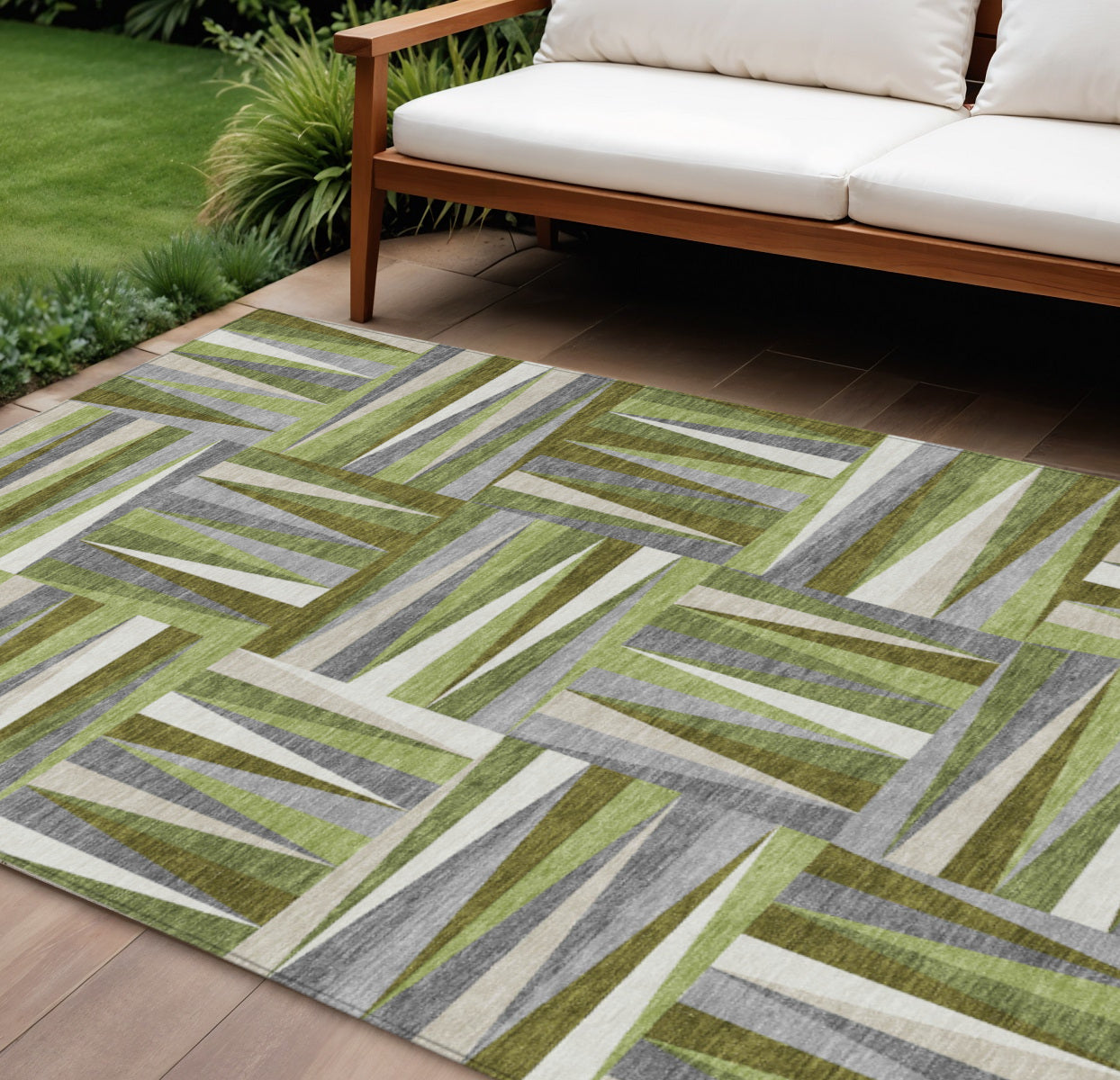 9' X 12' Green Gray And Ivory Geometric Washable Indoor Outdoor Area Rug