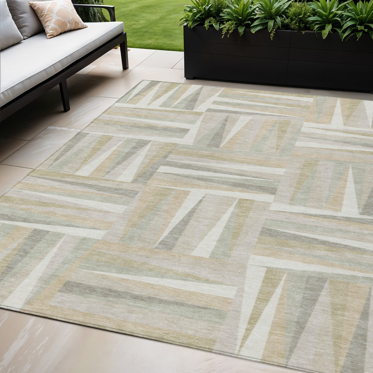 5' X 8' Ivory Beige And Gray Geometric Washable Indoor Outdoor Area Rug