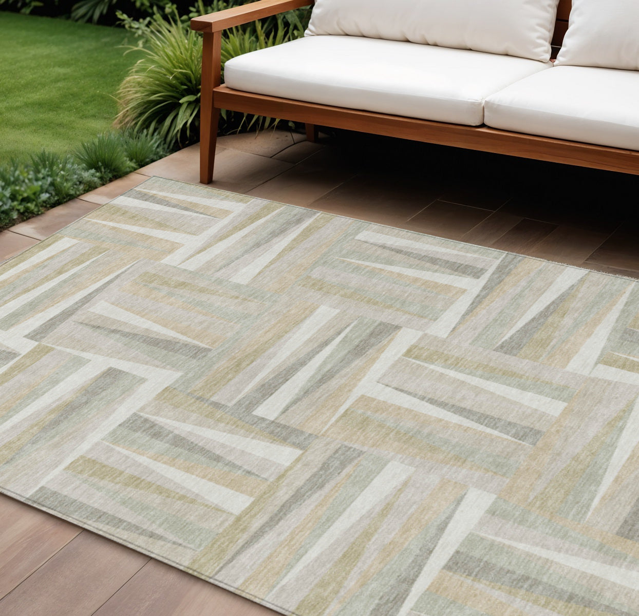 10' X 14' Ivory Beige And Gray Geometric Washable Indoor Outdoor Area Rug