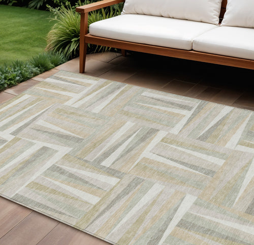 10' X 14' Ivory Beige And Gray Geometric Washable Indoor Outdoor Area Rug