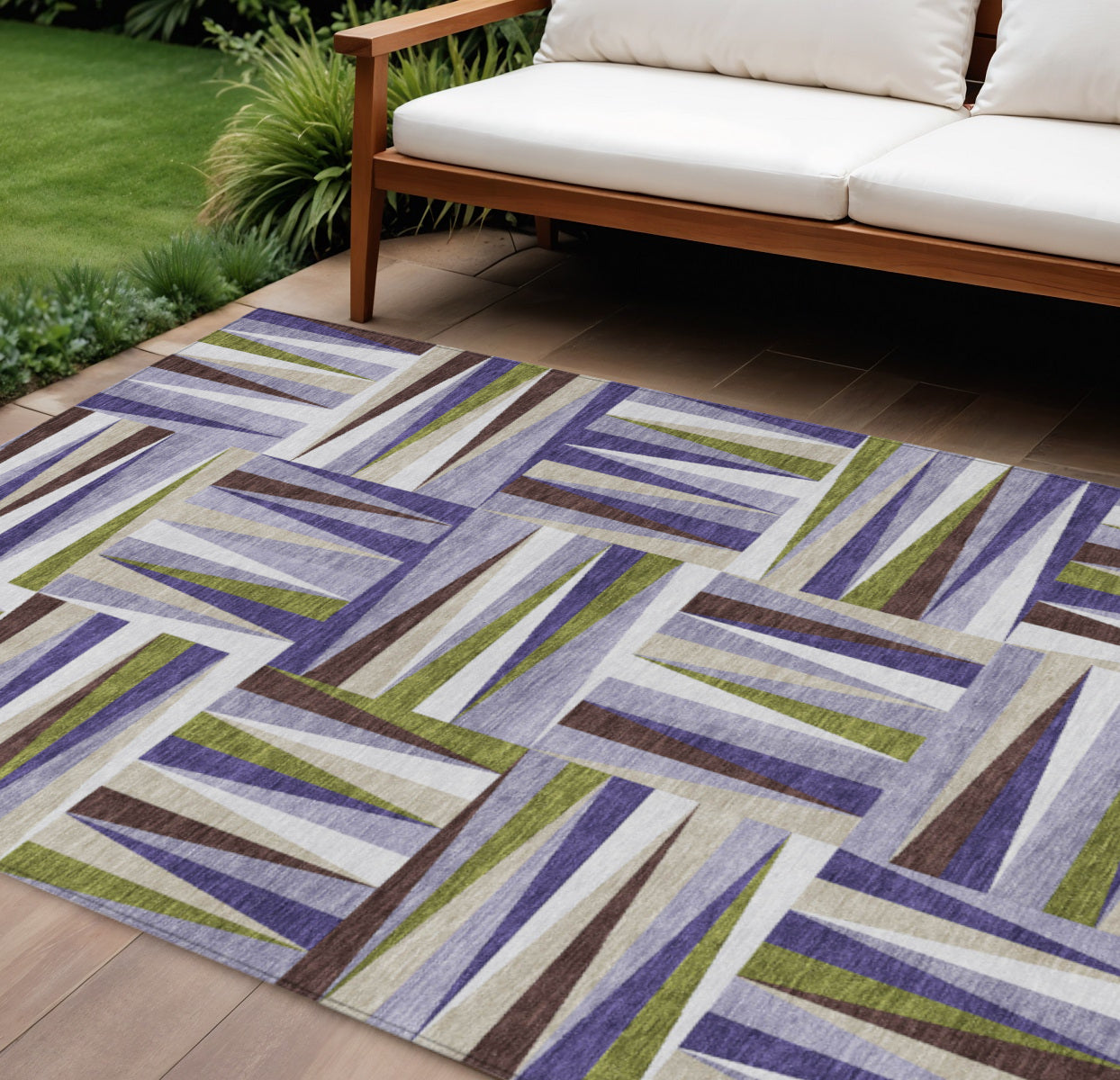 9' X 12' Lavender Brown And Green Geometric Washable Indoor Outdoor Area Rug