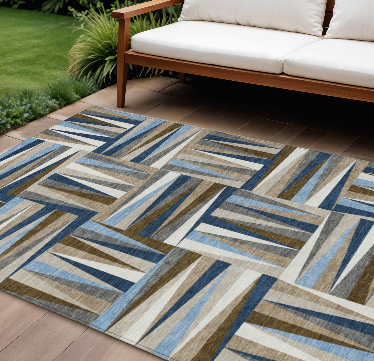 9' X 12' Navy Blue Brown And Beige Geometric Washable Indoor Outdoor Area Rug