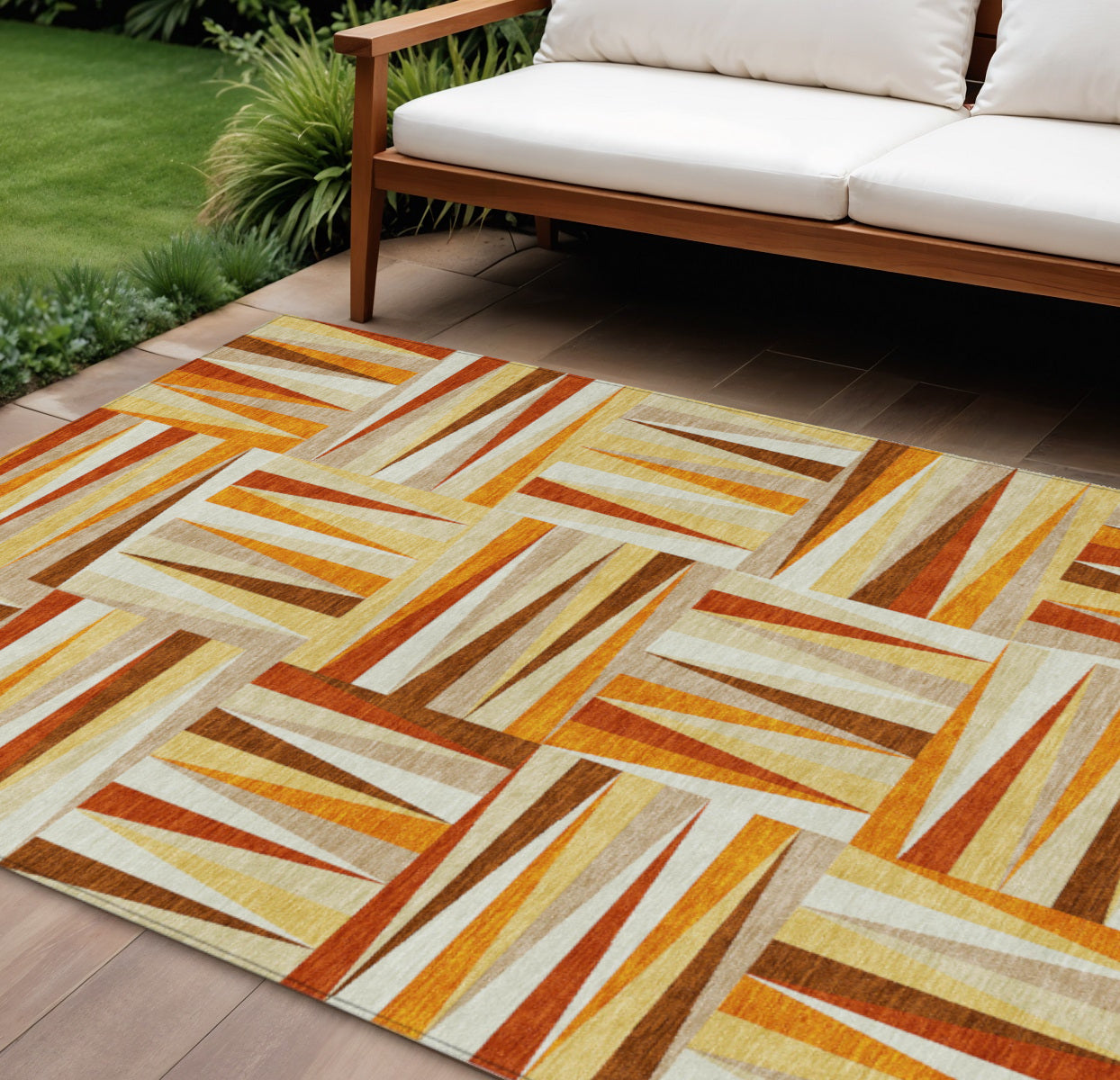 8 X 10 Orange Ivory And Copper Geometric Washable Indoor Outdoor Area Rug
