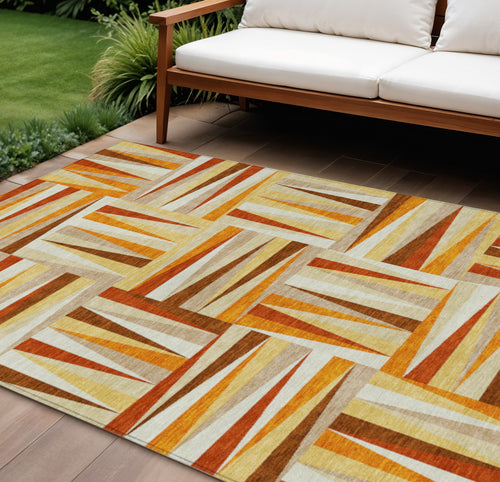 10 X 14 Orange Ivory And Copper Geometric Washable Indoor Outdoor Area Rug