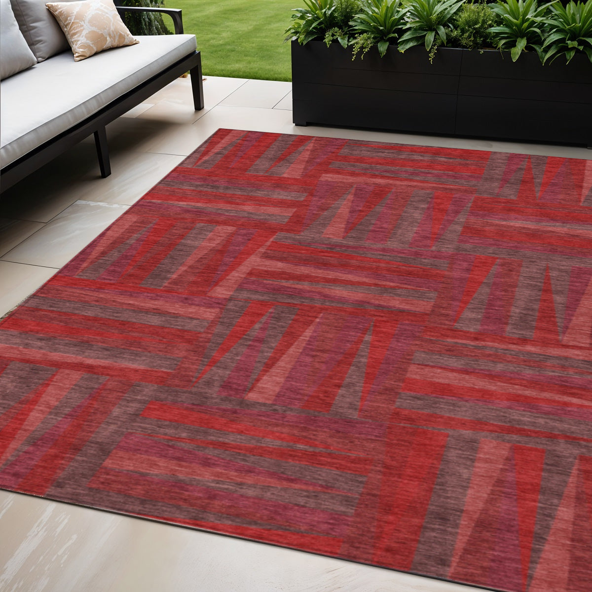 5' X 8' Red And Brown Geometric Washable Indoor Outdoor Area Rug