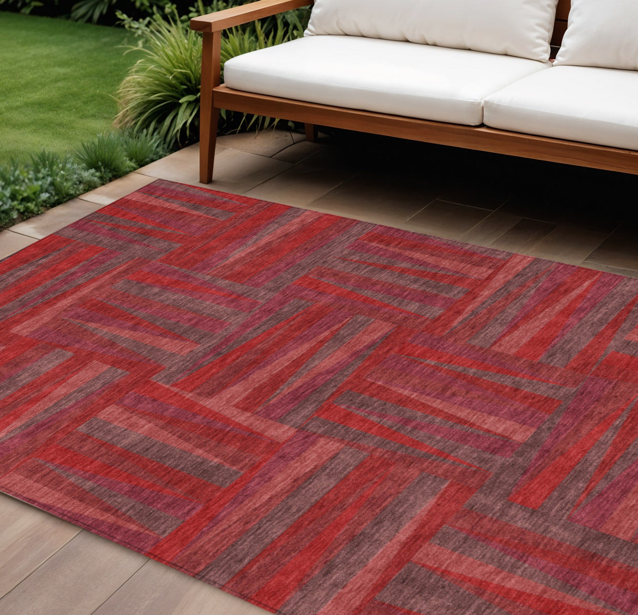 9' X 12' Red And Brown Geometric Washable Indoor Outdoor Area Rug