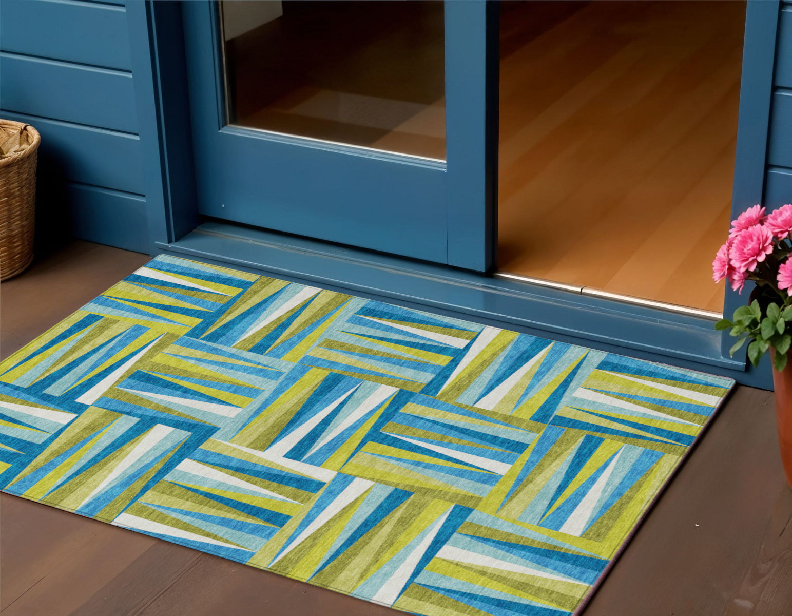 3' X 5' Teal Blue Green And Ivory Geometric Washable Indoor Outdoor Area Rug