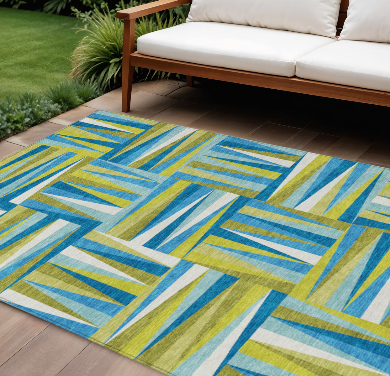 9' X 12' Teal Blue Green And Ivory Geometric Washable Indoor Outdoor Area Rug