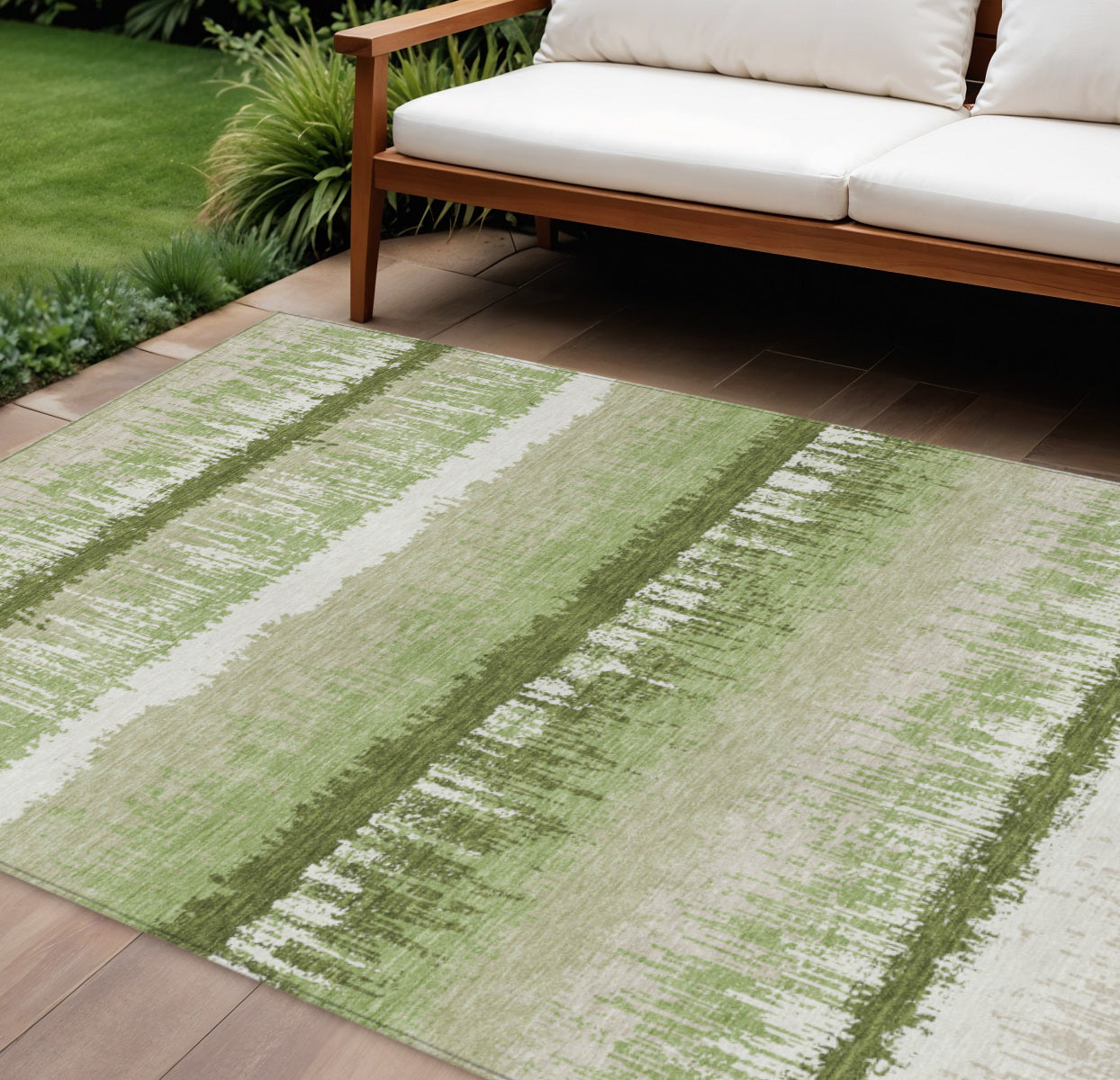 10' X 14' Artichoke Green Beige And Ivory Striped Washable Indoor Outdoor Area Rug