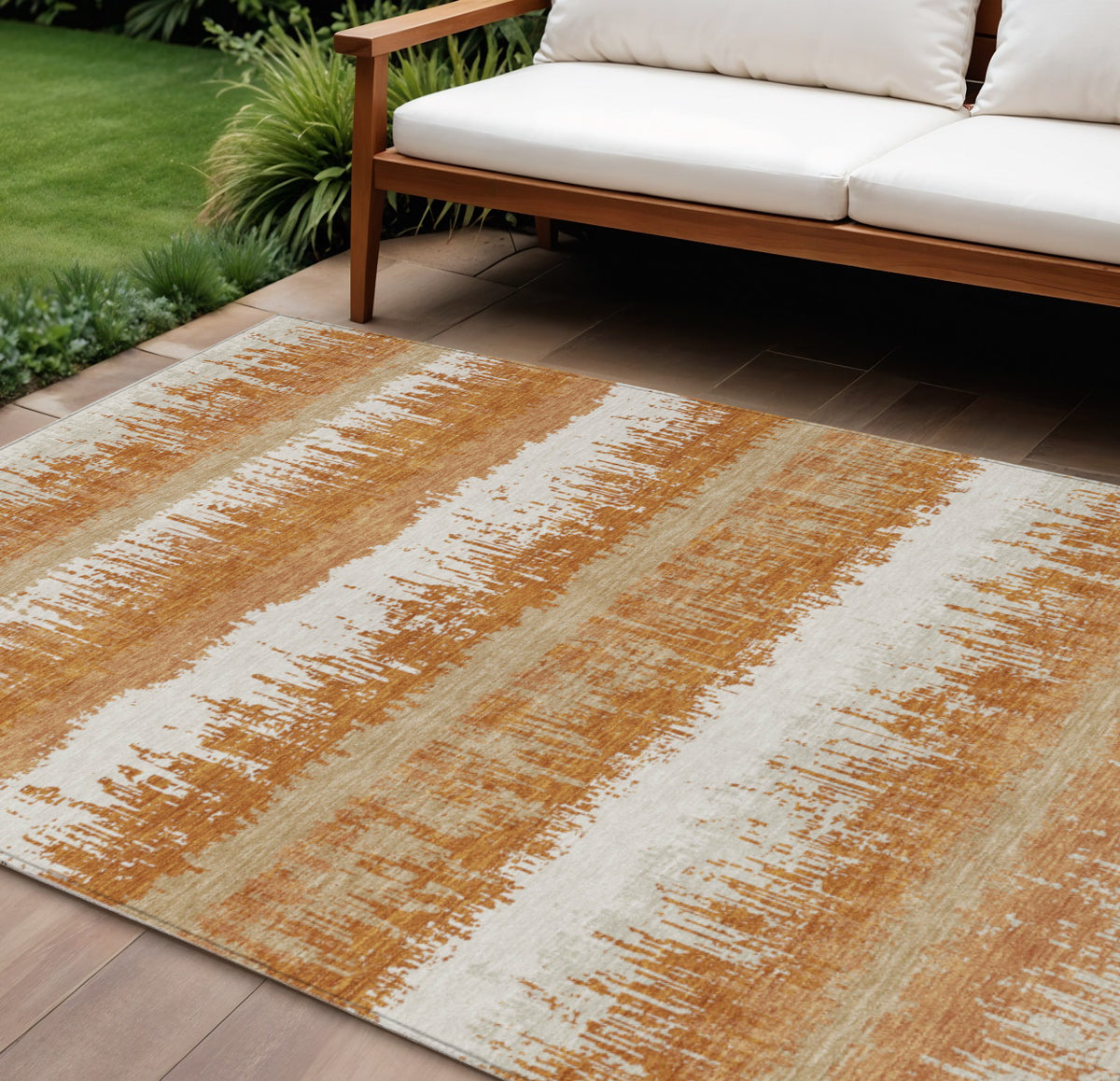 10' X 14' Copper Beige And Ivory Striped Washable Indoor Outdoor Area Rug