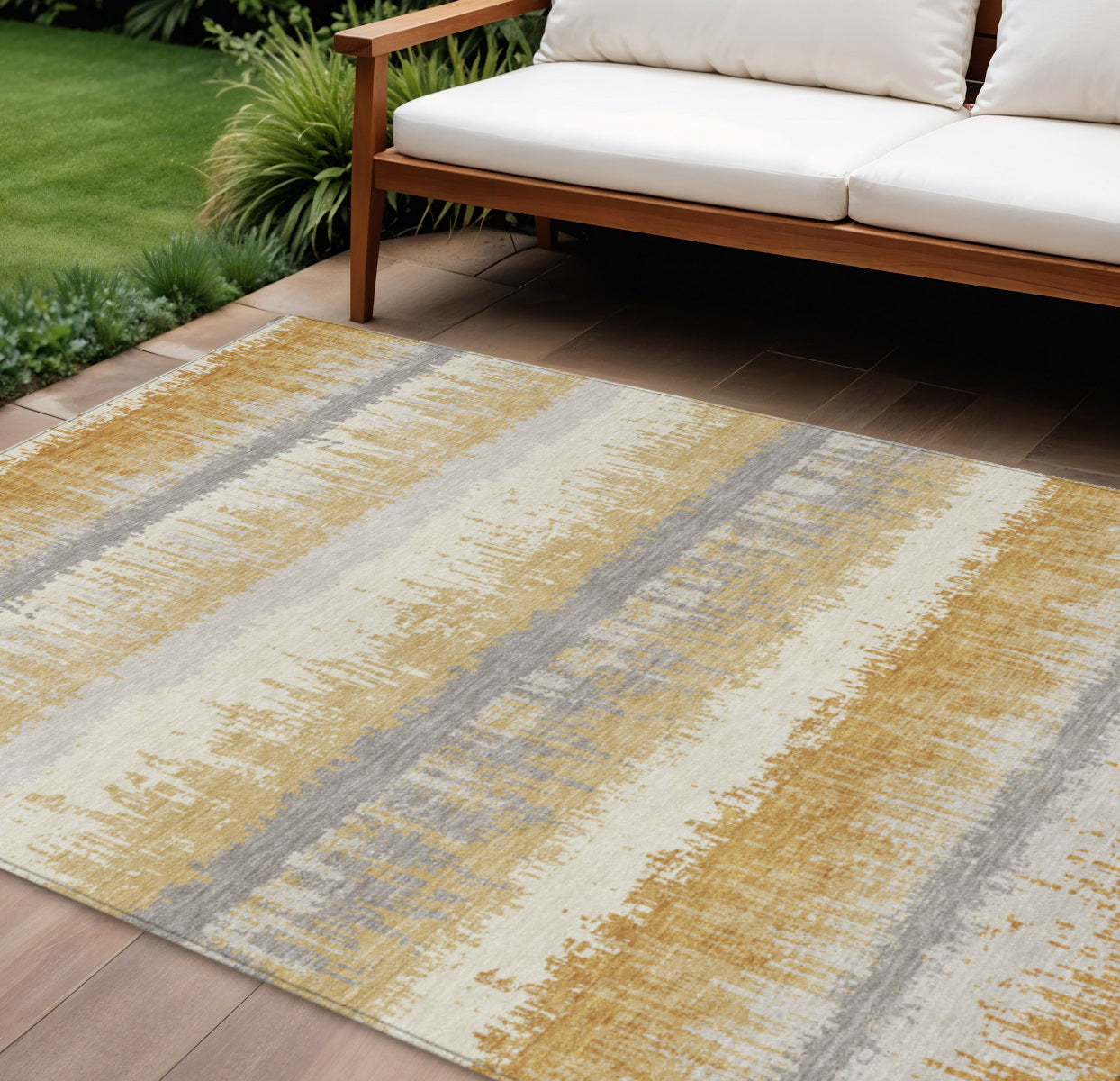 9' X 12' Gold Copper And Gray Striped Washable Indoor Outdoor Area Rug