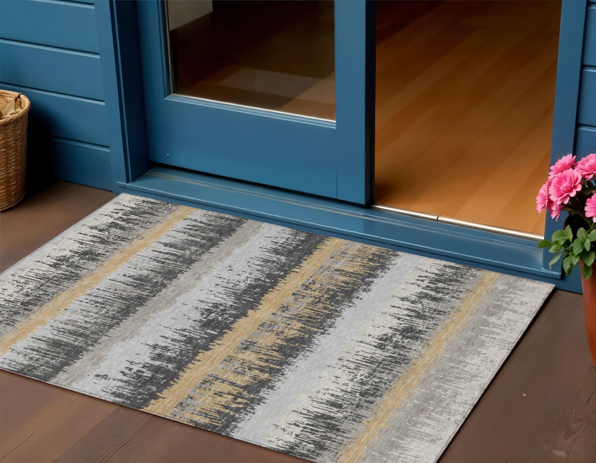 3' X 5' Gray Brown And Beige Striped Washable Indoor Outdoor Area Rug