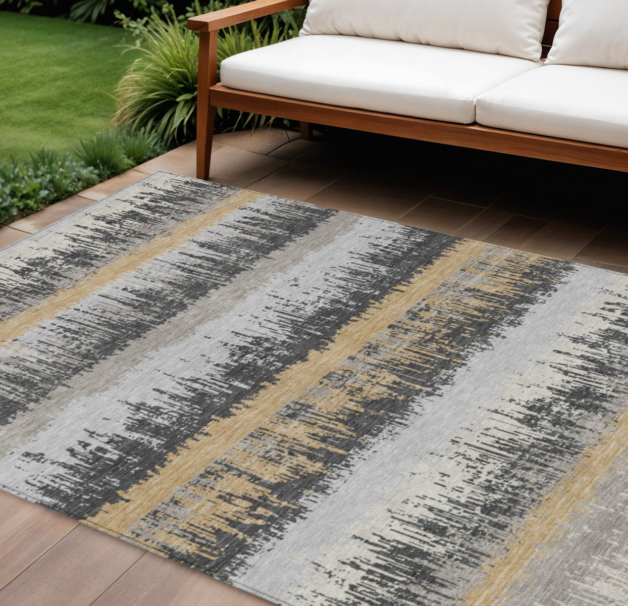 9' X 12' Gray Brown And Beige Striped Washable Indoor Outdoor Area Rug