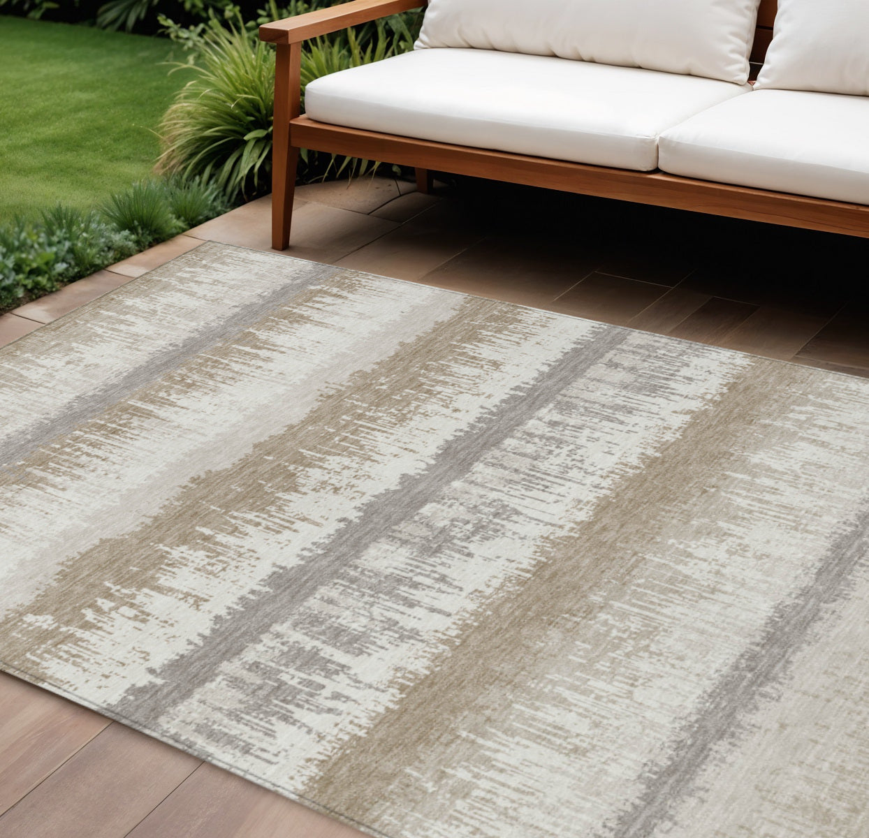 9' X 12' Ivory Gray And Beige Striped Washable Indoor Outdoor Area Rug