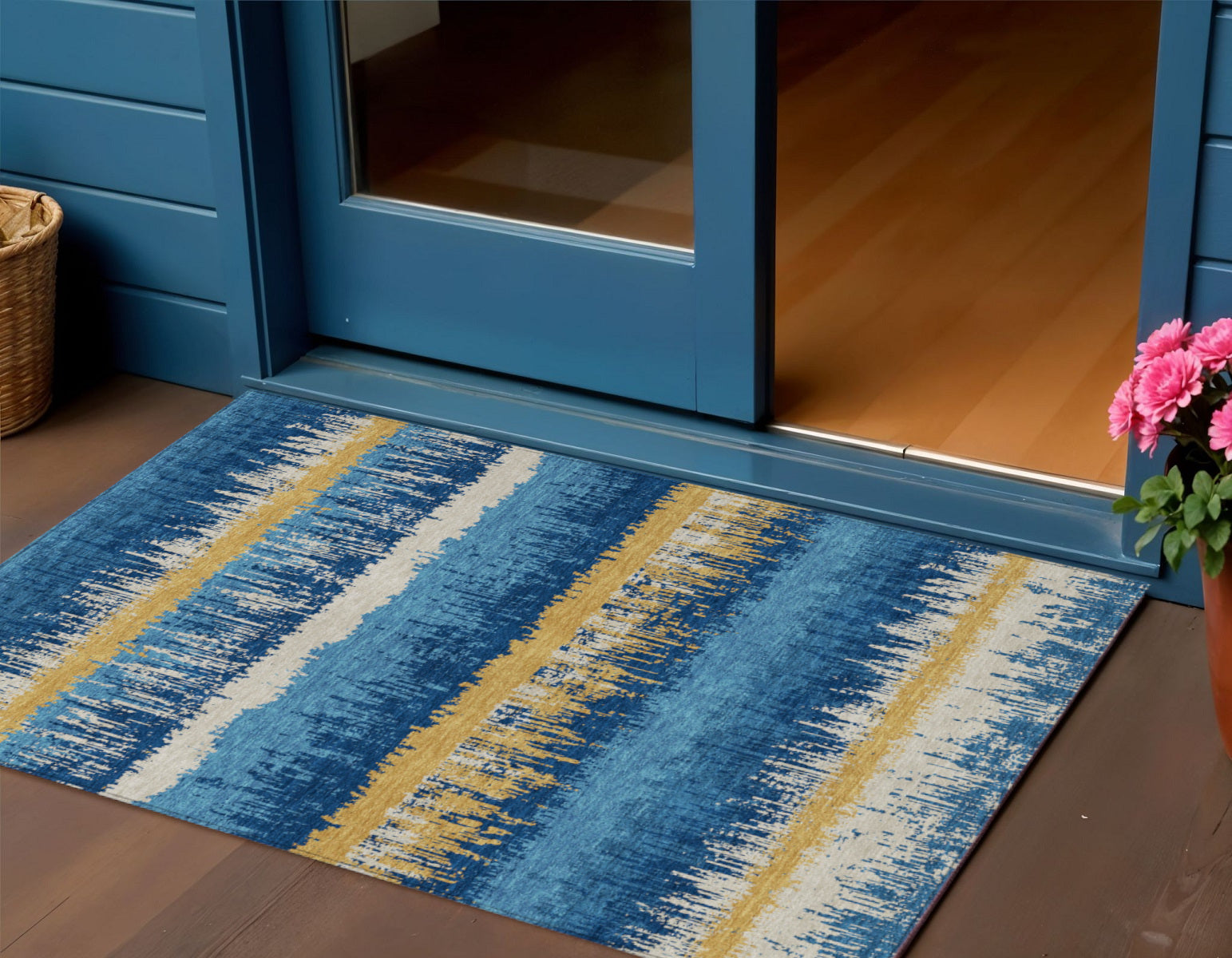 3' X 5' Navy Blue Gold And Ivory Striped Washable Indoor Outdoor Area Rug