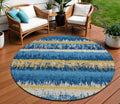 8' Navy Blue Gold And Ivory Round Striped Washable Indoor Outdoor Area Rug