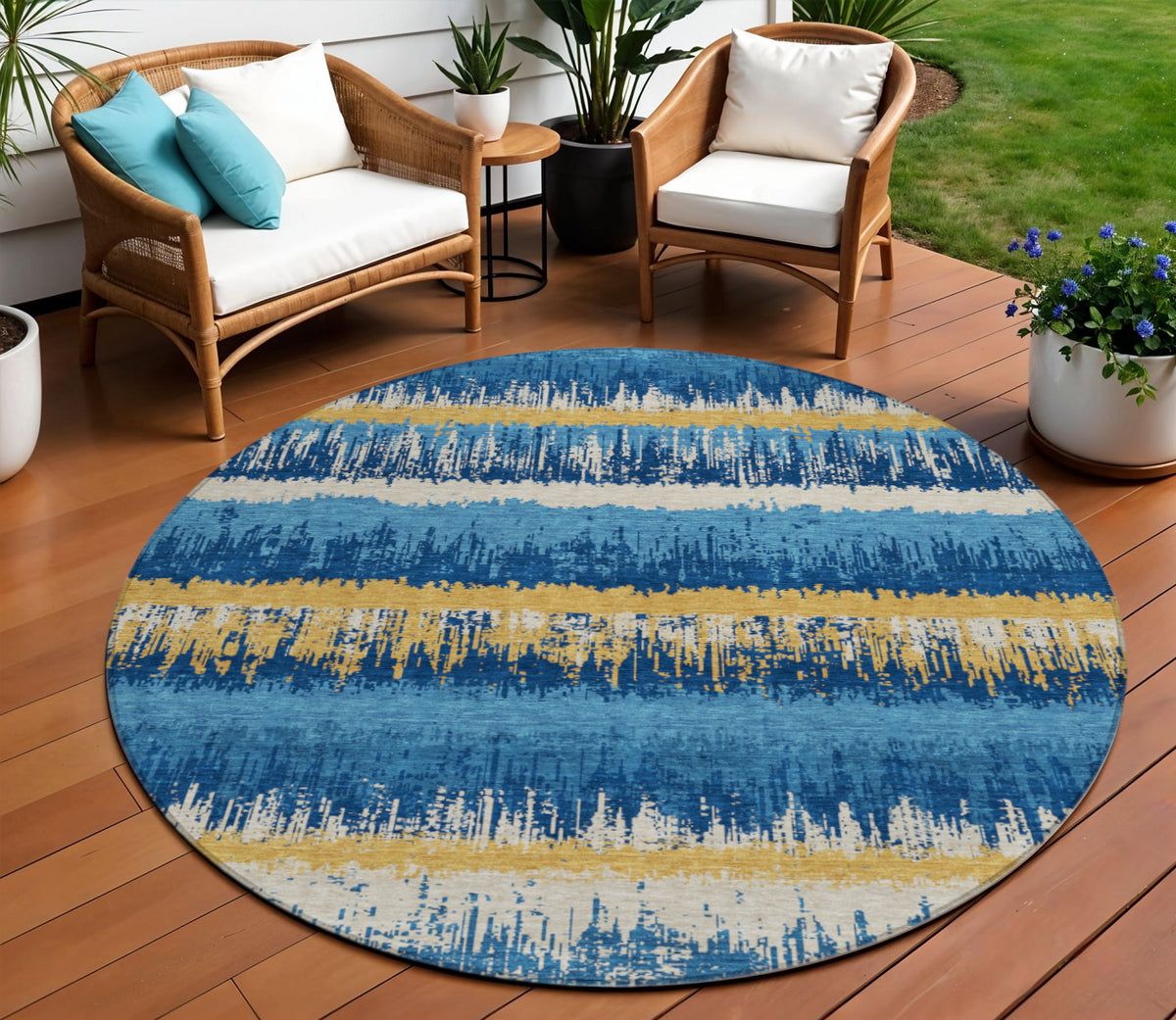 8' Navy Blue Gold And Ivory Round Striped Washable Indoor Outdoor Area Rug