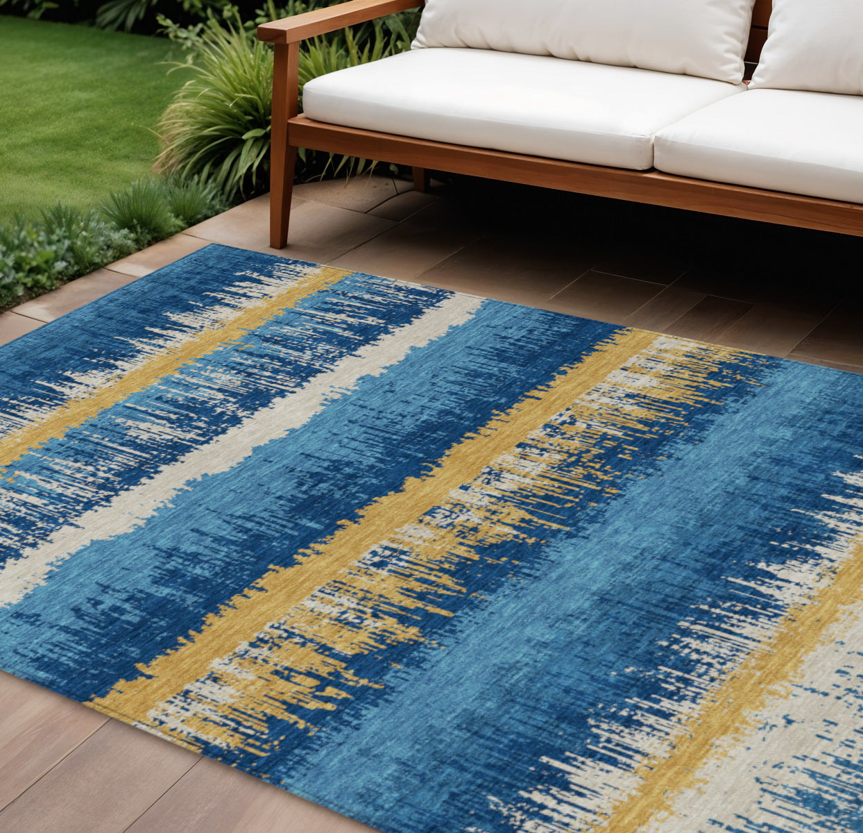 9' X 12' Navy Blue Gold And Ivory Striped Washable Indoor Outdoor Area Rug