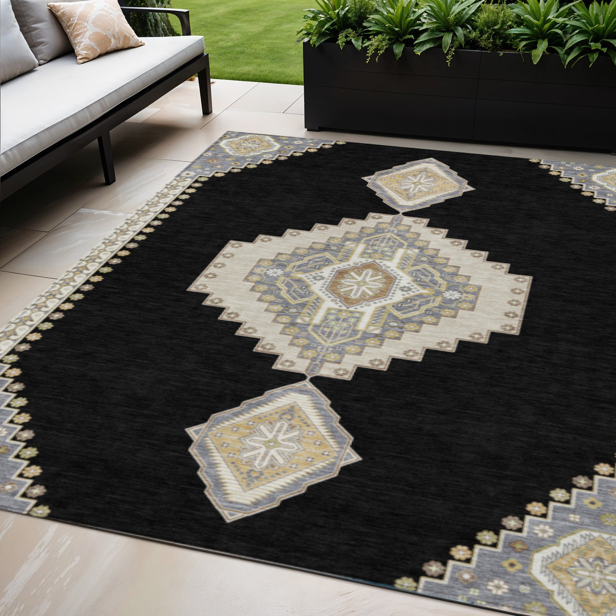 5' X 8' Black Gold And Gray Oriental Washable Indoor Outdoor Area Rug