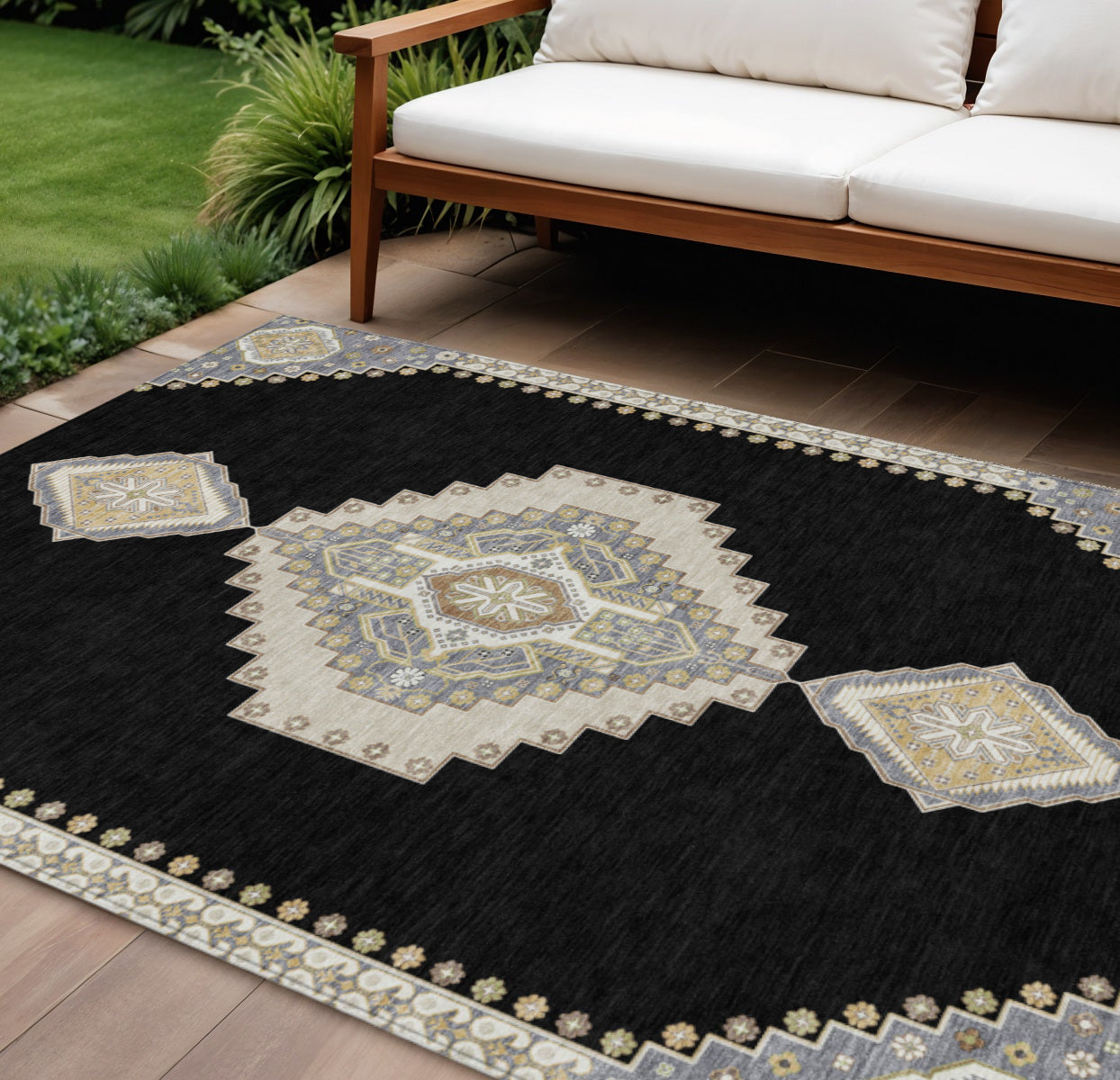 10' X 14' Black Gold And Gray Oriental Washable Indoor Outdoor Area Rug