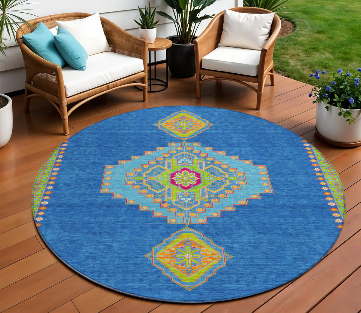 8' Denim Blue Red And Green Round Oriental Washable Indoor Outdoor Area Rug