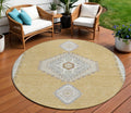 8' Gold Gray And Ivory Round Oriental Washable Indoor Outdoor Area Rug