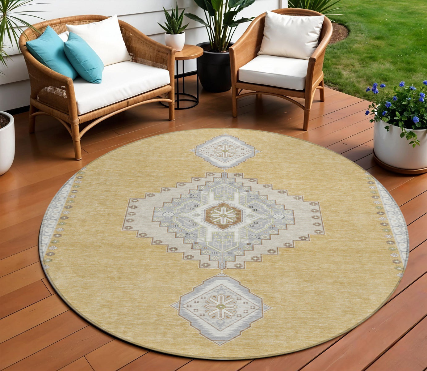 8' Gold Gray And Ivory Round Oriental Washable Indoor Outdoor Area Rug