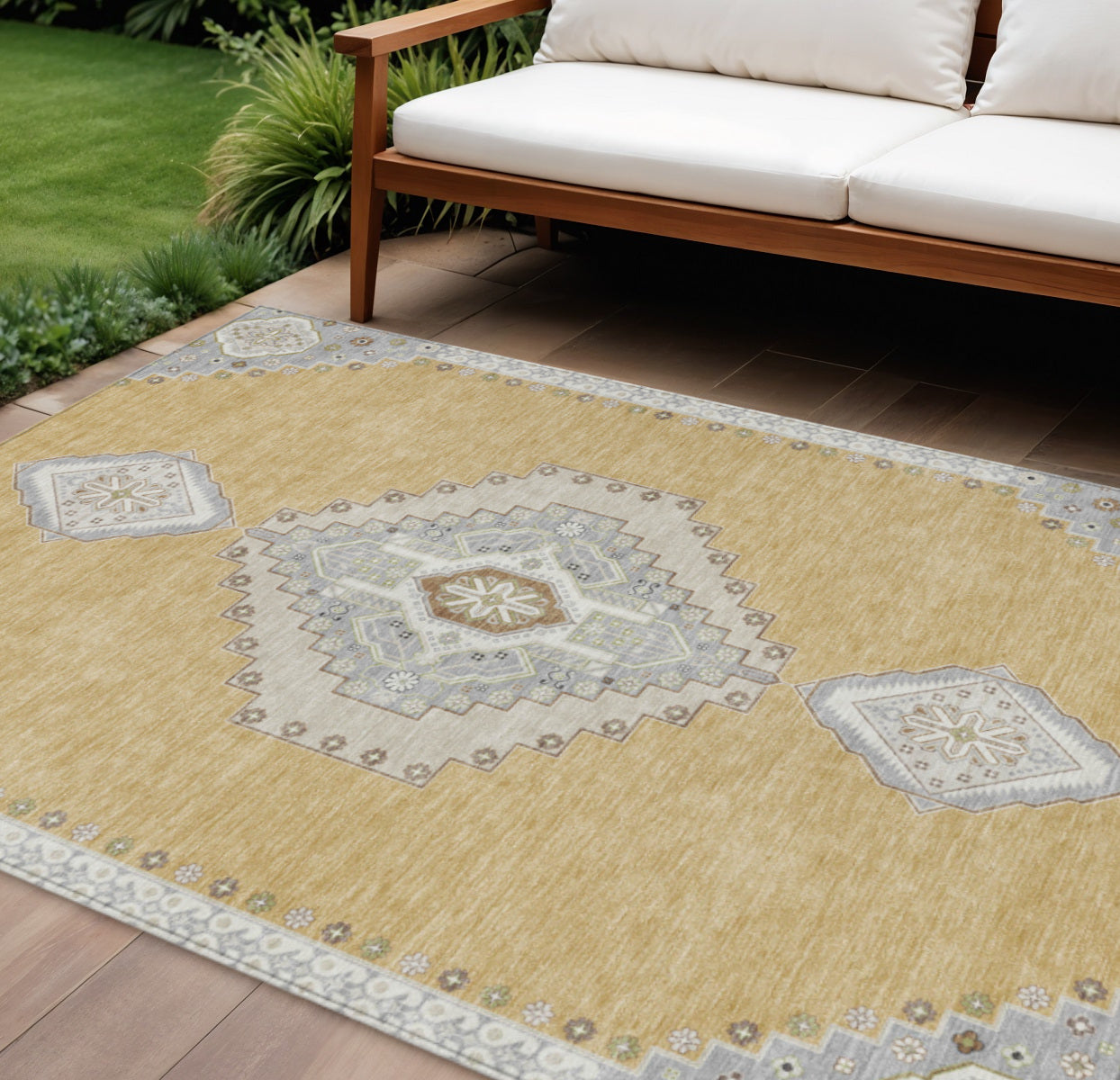 9' X 12' Gold Gray And Ivory Oriental Washable Indoor Outdoor Area Rug