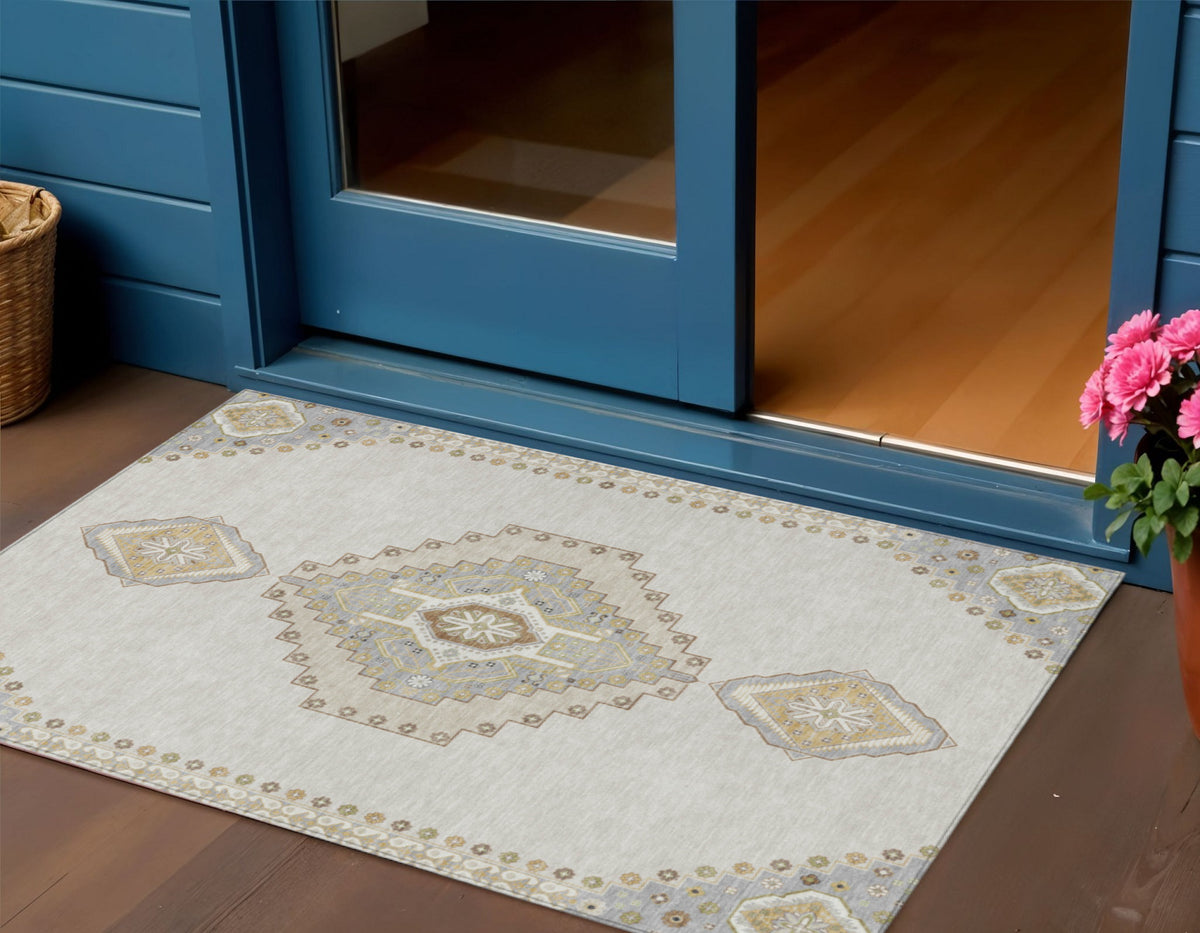 3' X 5' Ivory Gray And Brown Oriental Washable Indoor Outdoor Area Rug
