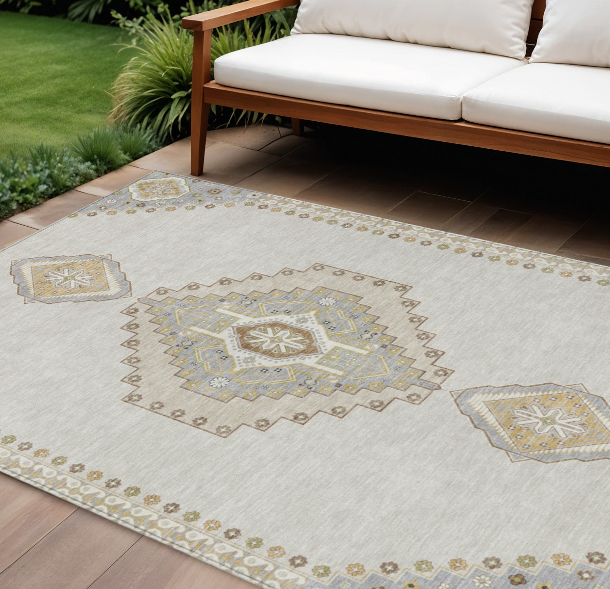 9' X 12' Ivory Gray And Brown Oriental Washable Indoor Outdoor Area Rug