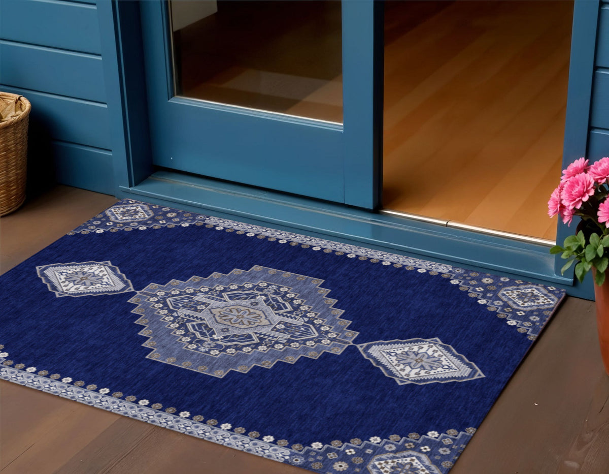 3' X 5' Navy Blue Gray And Brown Oriental Washable Indoor Outdoor Area Rug
