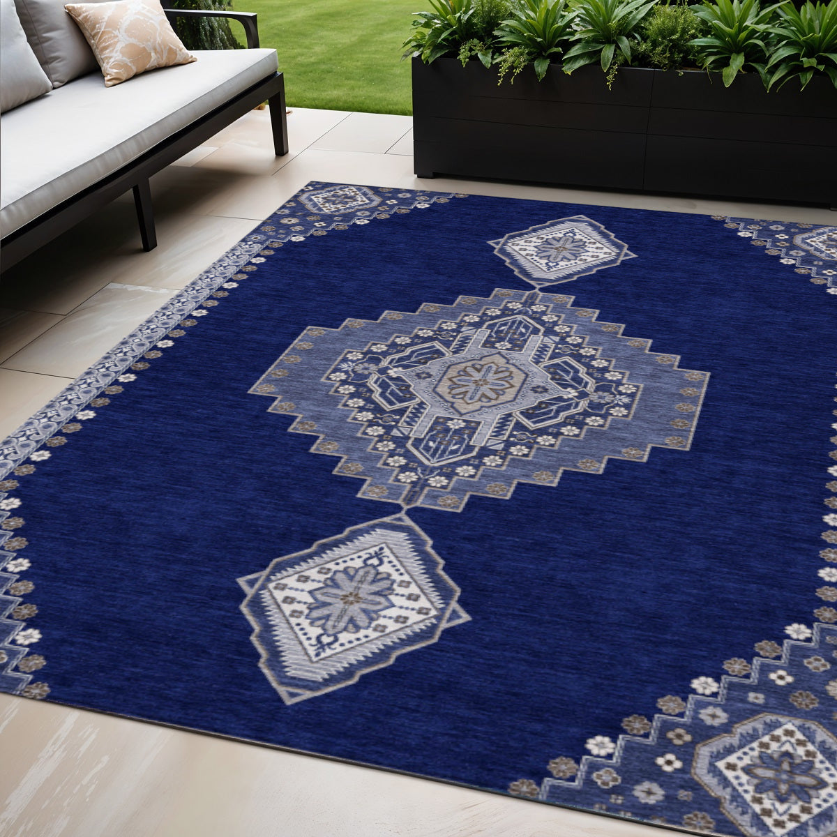 5' X 8' Navy Blue Gray And Brown Oriental Washable Indoor Outdoor Area Rug