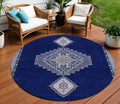 8' Navy Blue Gray And Brown Round Oriental Washable Indoor Outdoor Area Rug