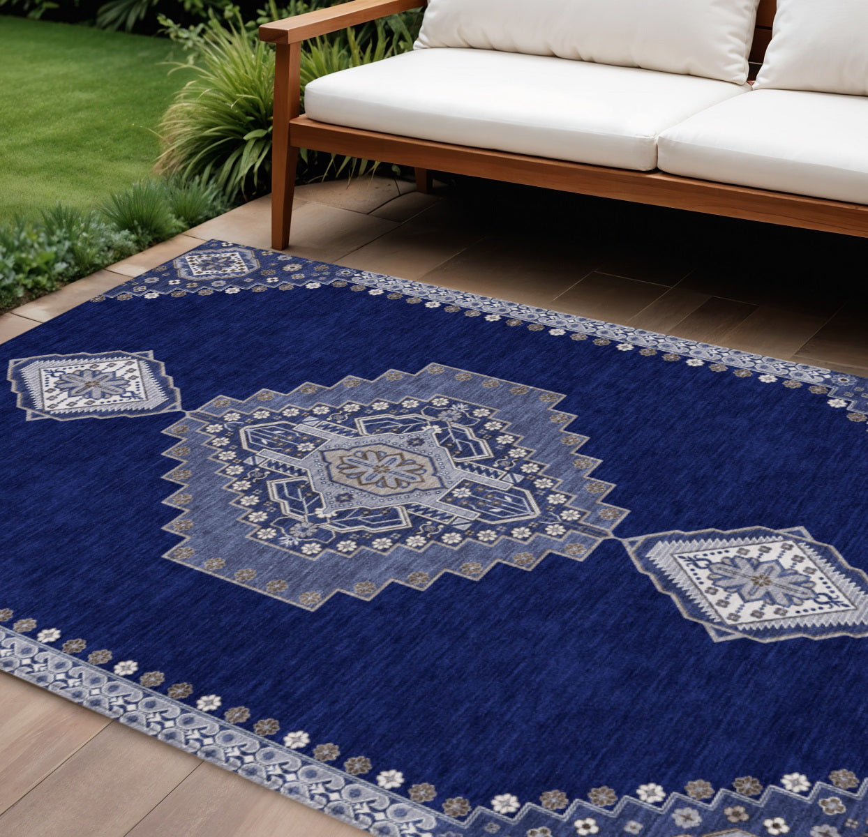 9' X 12' Navy Blue Gray And Brown Oriental Washable Indoor Outdoor Area Rug