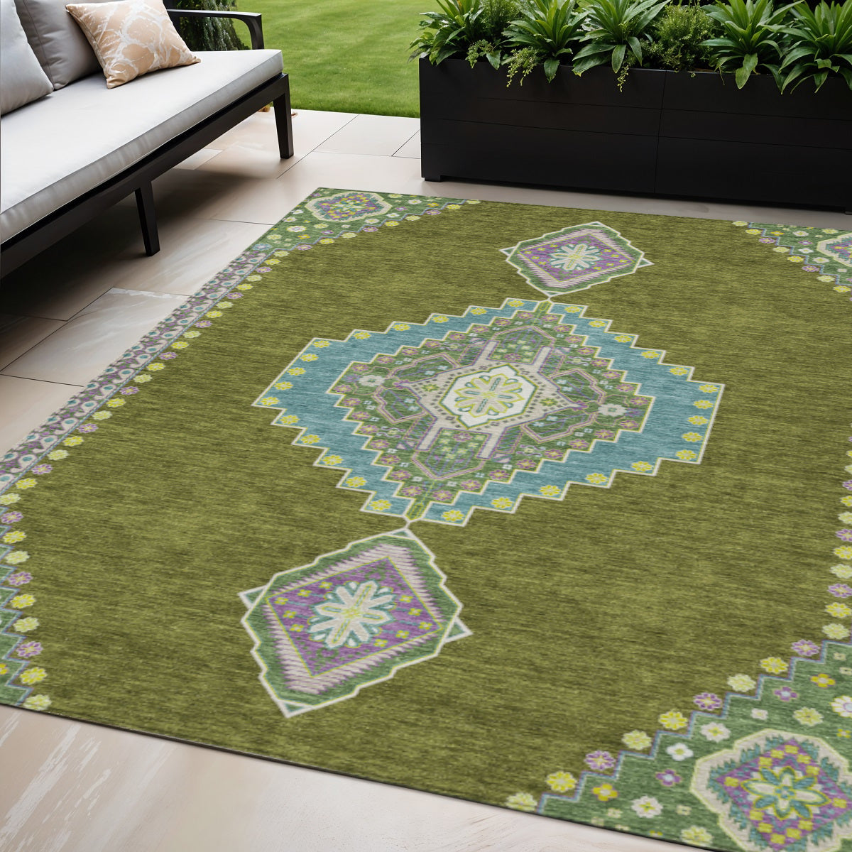 5' X 8' Olive Green Pink And Ivory Oriental Washable Indoor Outdoor Area Rug