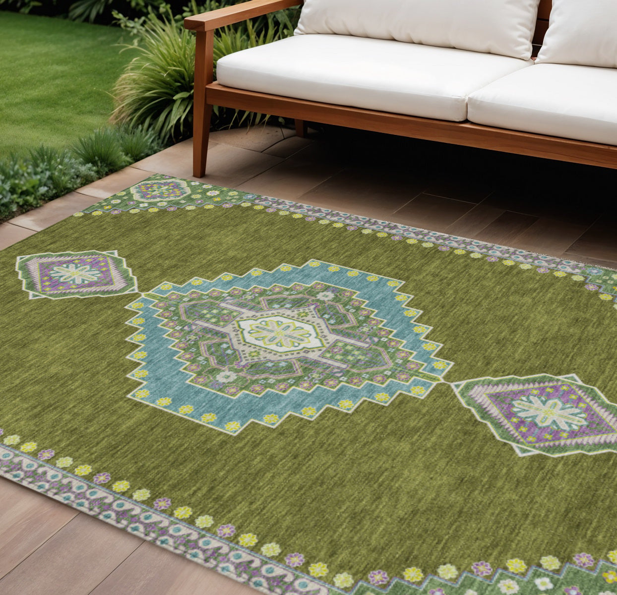 9' X 12' Olive Green Pink And Ivory Oriental Washable Indoor Outdoor Area Rug