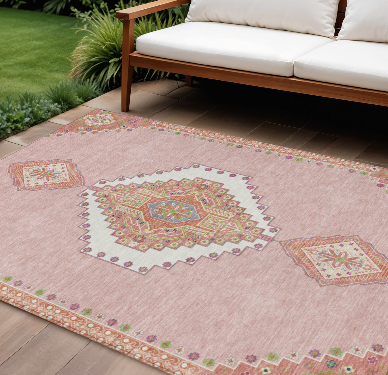 9' X 12' Pink Green And Ivory Oriental Washable Indoor Outdoor Area Rug