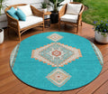 8' Teal Blue Brown And Ivory Round Oriental Washable Indoor Outdoor Area Rug